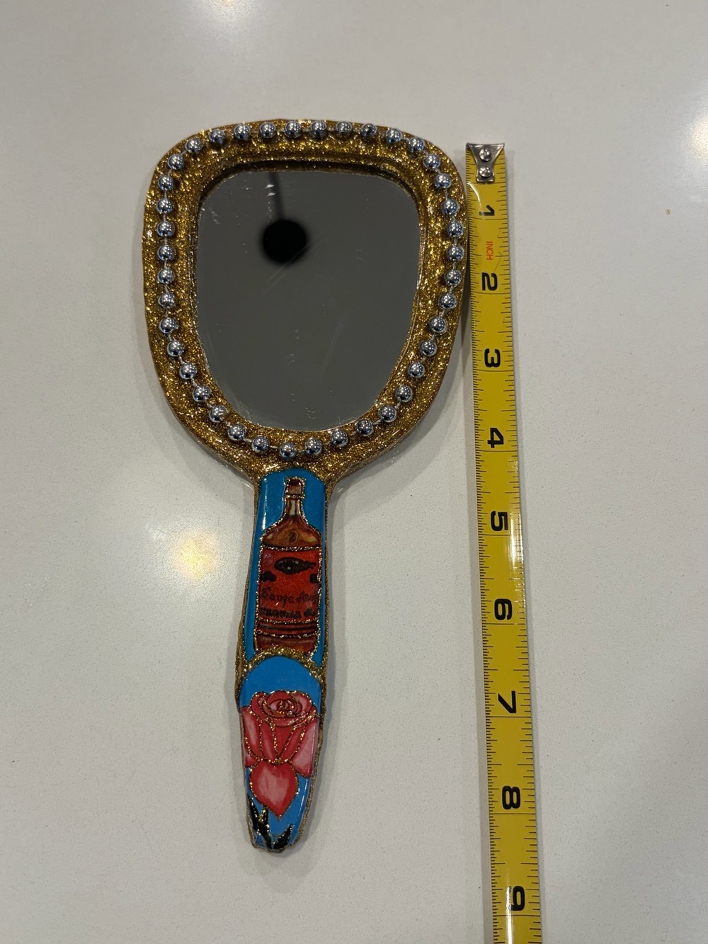 Hand-Painted Folk Art Skull Heart Mermaid Hand Mirror 8 Inch - Picture 5 of 5